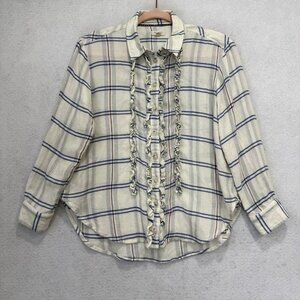 Pilcro Shirt Womens XSP White Blue Plaid Ruffle Button Front Long Sleeve